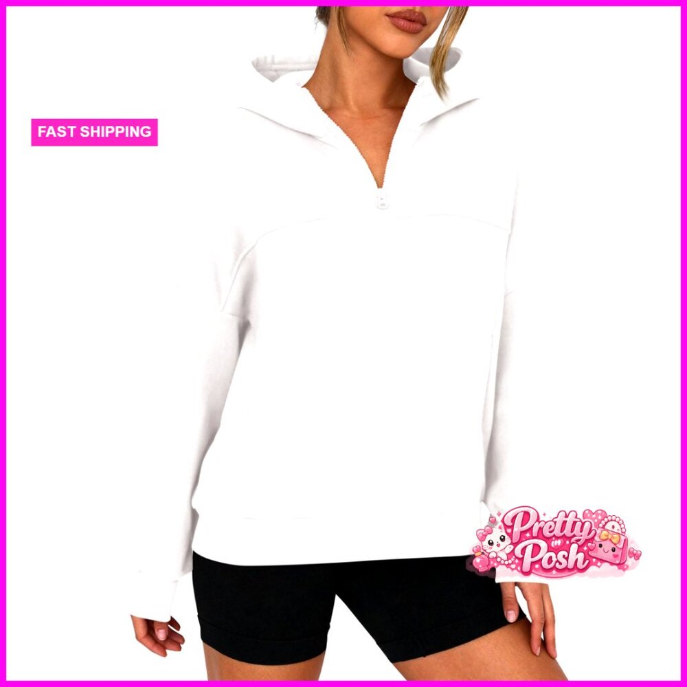 Cropped Fleece Hoodie Quarter Zip Pullover Long Sleeve Top